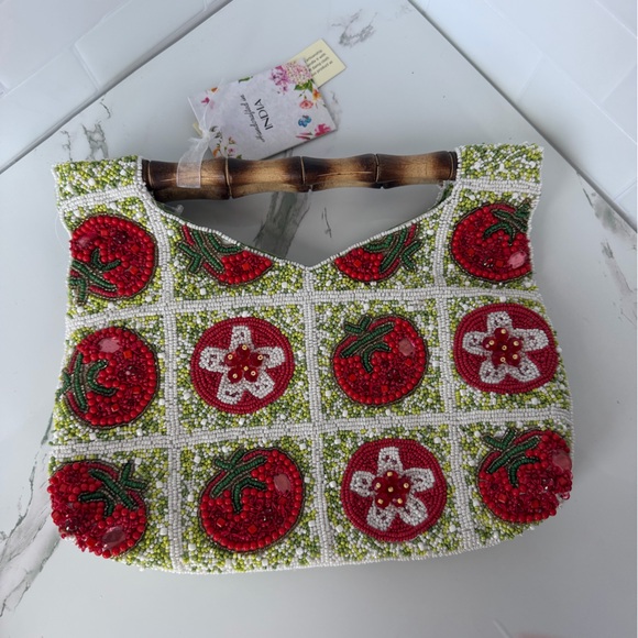 Beaded Tomato Design Handbag with Bamboo Handle
